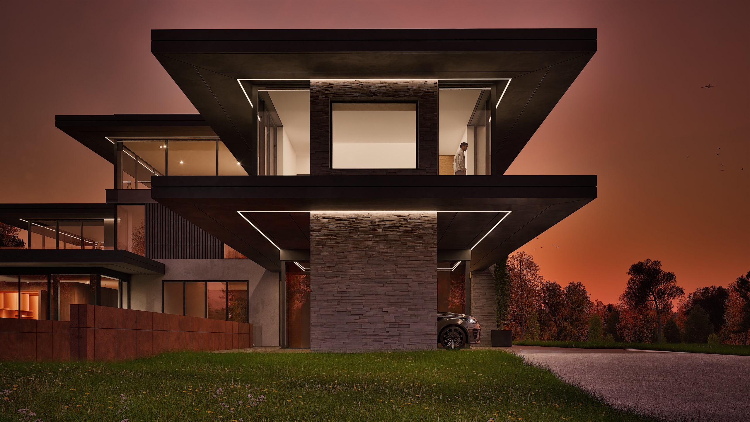 Modern multi-level luxury home with dramatic cantilevered upper floors, stone accents, and glass walls at dusk